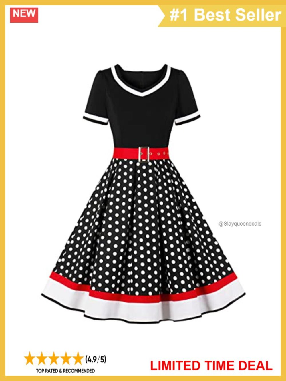 Vintage 1950s Polka Dot Swing Dress Short Sleeve A-Line with Belt